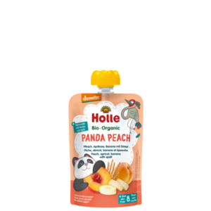 Holle Panda Peach bio tasakos püré őszibarack, sárgabarack, banán tönköllyel 100g