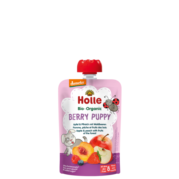 Holle bio bébiétel tasakos püré Berry Puppy alma őszibarack erdei gyümölcs